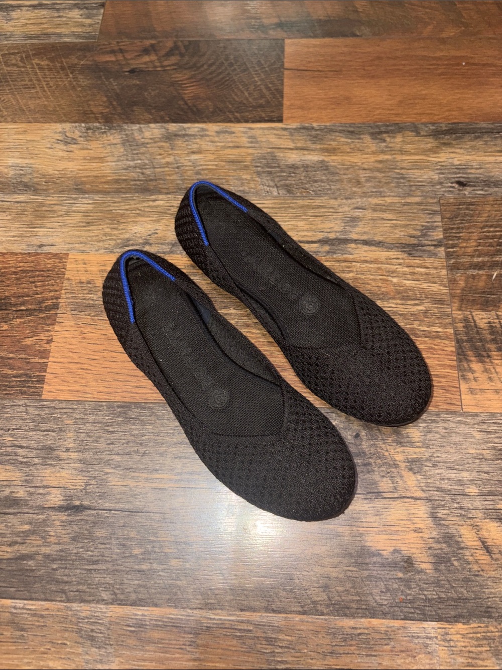 Rothy's Black Knit Ballet Flats with Blue Trim